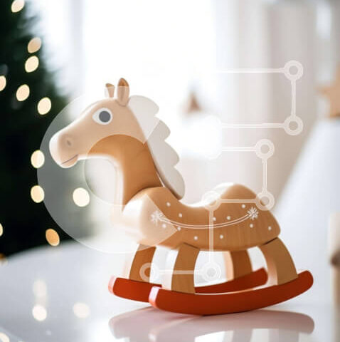 Intra Συλλεκτικό Ξύλινο Παζλ Plywood  4mm - Ξύλινο κουνιστό άλογο με χριστουγεννιάτικο δέντρο Σε Ξύλινο Κουτί - Διαστάσεις Puzzle: 10x10 cm – 25 κομμάτια - Image 1