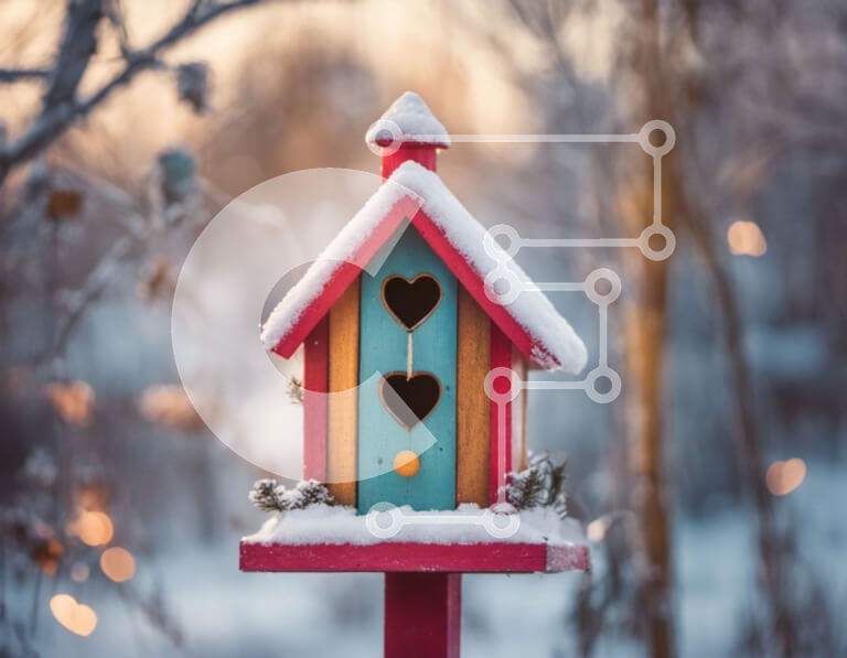 Intra Συλλεκτικό Ξύλινο Παζλ Plywood  4mm - Winter Wonderland: Colorful Birdhouse in the Snowy Woods Σε Ξύλινο Κουτί - Διαστάσεις: 10x10 cm – 25 κομμάτια