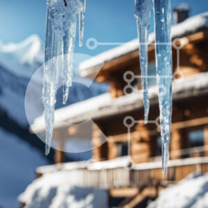 Intra Συλλεκτικό Ξύλινο Παζλ Plywood  4mm - Χειμερινό τοπίο με παγάκια που κρέμονται από ένα ξύλινο σπίτι στα χιονισμένα βουνά Σε Ξύλινο Κουτί - Διαστάσεις: 10x10 cm – 25 κομμάτια