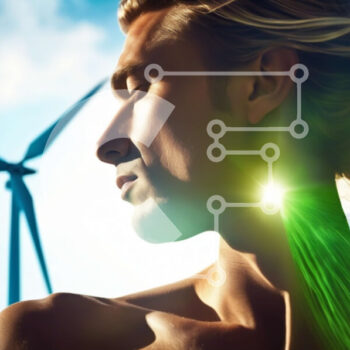 Intra Συλλεκτικό Ξύλινο Παζλ Plywood  4mm - Γυναίκα μπροστά από τις ανεμογεννήτριες με το πράσινο φως Σε Ξύλινο Κουτί - Διαστάσεις Puzzle: 10x10 cm – 25 κομμάτια - Image 1