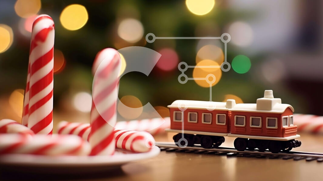 Intra Συλλεκτικό Ξύλινο Παζλ Plywood  4mm - Τρένο παιχνιδιών και καλάμια καραμελών στη Χριστουγεννιάτικη επίδειξη Σε Ξύλινο Κουτί - Διαστάσεις Puzzle: 10x10 cm – 25 κομμάτια