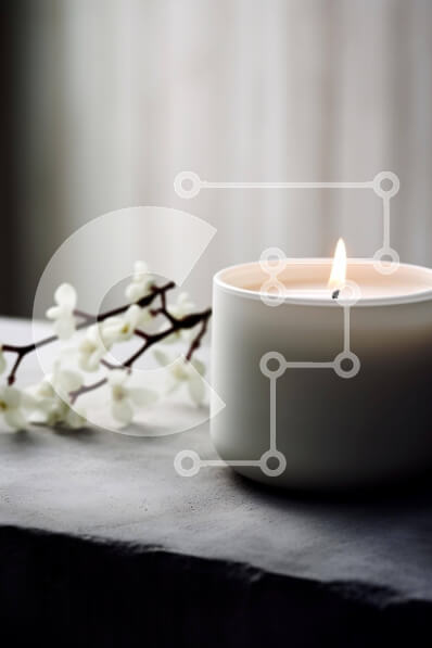 Intra Συλλεκτικό Ξύλινο Παζλ Plywood  4mm - Λευκό κερί σε ξύλινη επιφάνεια με λουλούδια στο φόντο Σε Ξύλινο Κουτί - Διαστάσεις Puzzle: 10x10 cm – 25 κομμάτια