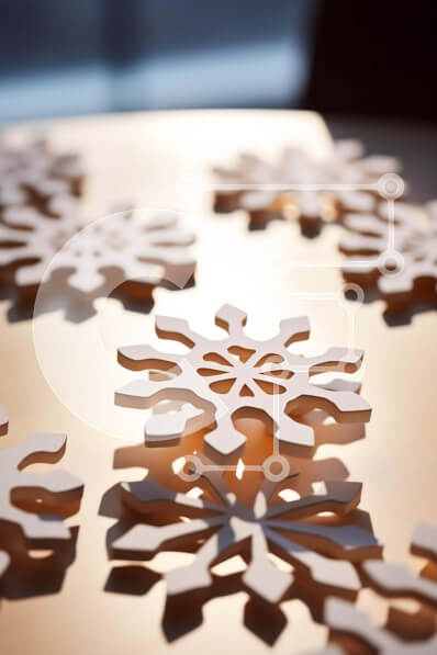 Intra Συλλεκτικό Ξύλινο Παζλ Plywood  4mm - Κοψίματα νιφάδων χιονιού σε ένα τραπέζι Σε Ξύλινο Κουτί - Διαστάσεις Puzzle: 10x10 cm – 25 κομμάτια