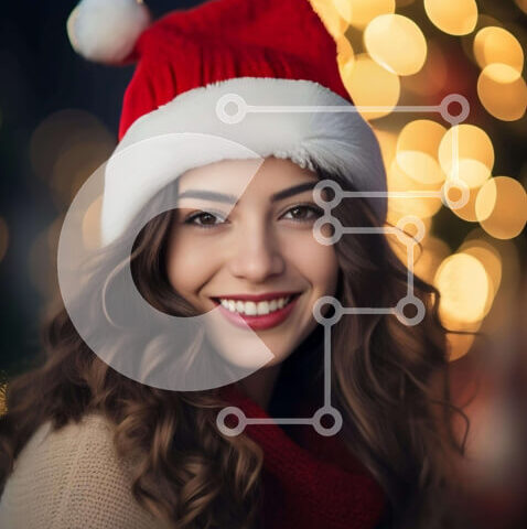 Intra Συλλεκτικό Ξύλινο Παζλ Plywood  4mm - Νεαρή γυναίκα με καπέλο Άγιου Βασίλη μπροστά από τα φώτα των Χριστουγέννων Σε Ξύλινο Κουτί - Διαστάσεις: 10x10 cm – 25 κομμάτια - Image 1