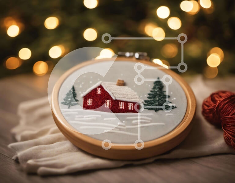 Intra Συλλεκτικό Ξύλινο Παζλ Plywood  4mm - Κέντημα τσέρκι με κόκκινο σπίτι, νήματα και χριστουγεννιάτικα λαμπάκια Σε Ξύλινο Κουτί - Διαστάσεις: 10x10 cm – 25 κομμάτια