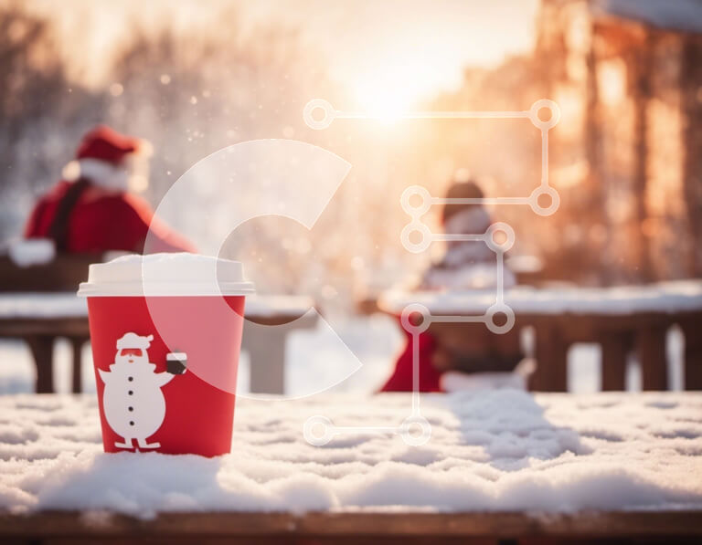 Intra Συλλεκτικό Ξύλινο Παζλ Plywood  4mm - Κόκκινο φλιτζάνι καφέ με χριστουγεννιάτικα στολίδια στο χιόνι Σε Ξύλινο Κουτί - Διαστάσεις Puzzle: 10x10 cm – 25 κομμάτια