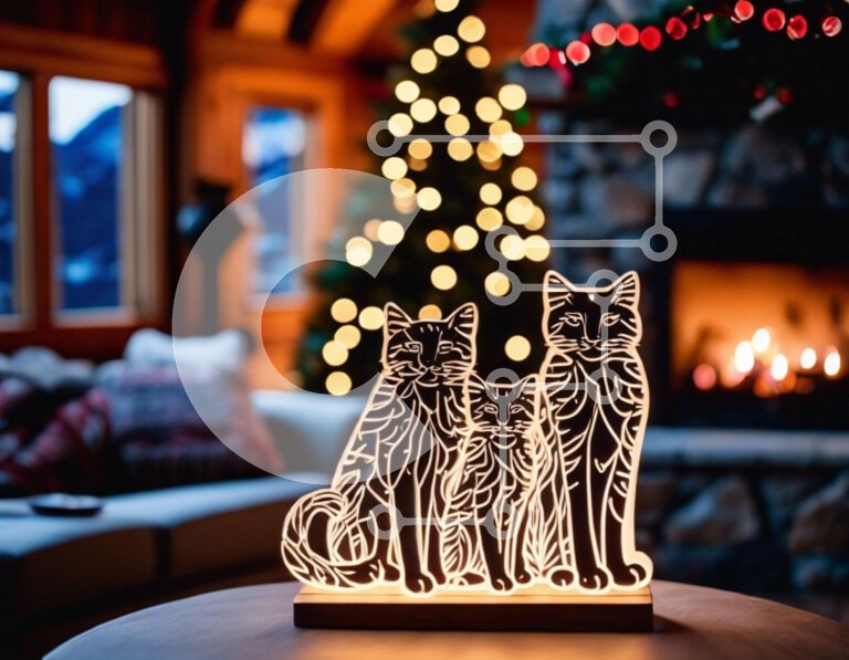 Intra Συλλεκτικό Ξύλινο Παζλ Plywood  4mm - Φωτιστικό γλυπτό γάτας σε διακοσμητικό ξύλινο τραπέζι με χριστουγεννιάτικα στολίδια Σε Ξύλινο Κουτί - Διαστάσεις Puzzle: 10x10 cm – 25 κομμάτια