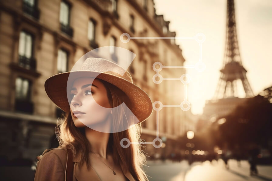 Intra Συλλεκτικό Ξύλινο Παζλ Plywood  4mm - Όμορφη εικόνα γυναίκας με καπέλο και γυαλιά ηλίου μπροστά από τον Πύργο του Άιφελ στο ηλιοβασίλεμα Σε Ξύλινο Κουτί - Διαστάσεις Puzzle: 10x10 cm – 25 κομμάτια