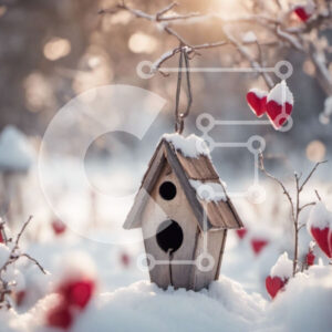 Intra Συλλεκτικό Ξύλινο Παζλ Plywood  4mm - Birdhouse στο χιόνι με κόκκινες καρδιές Σε Ξύλινο Κουτί - Διαστάσεις: 10x10 cm – 25 κομμάτια
