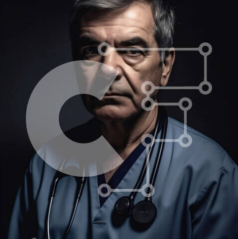 Intra Συλλεκτικό Ξύλινο Παζλ Plywood 4mm - Σοβαρός ηλικιωμένος άνδρας γιατρός σε τρίβει με στηθοσκόπιο Σε Ξύλινο Κουτί - Διαστάσεις Puzzle: 10x10 cm – 25 κομμάτια - Image 1