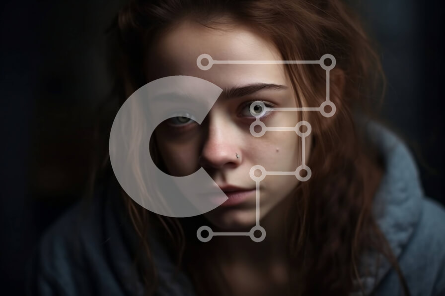 Intra Συλλεκτικό Ξύλινο Παζλ Plywood  4mm - Πορτρέτο νεαρής γυναίκας με γκρι κουκούλα με μακριά κόκκινα μαλλιά και πράσινα μάτια Σε Ξύλινο Κουτί - Διαστάσεις Puzzle: 10x10 cm – 25 κομμάτια