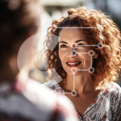 Intra Συλλεκτικό Ξύλινο Παζλ Plywood  4mm - Χαμογελαστή γυναίκα με σγουρά μαλλιά και λουλουδάτο τοπ στέκεται έξω με φίλο να κοιτάζει το τηλέφωνο Σε Ξύλινο Κουτί - Διαστάσεις Puzzle: 10x10 cm – 25 κομμάτια - Image 1