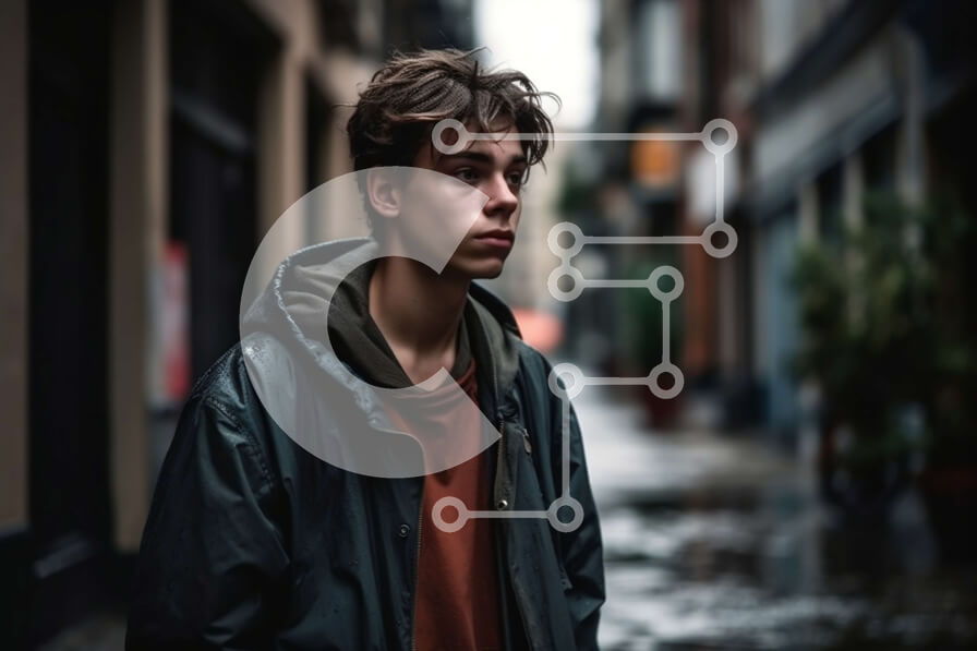 Intra Συλλεκτικό Ξύλινο Παζλ Plywood  4mm - Ζοφερή εικόνα ενός νεαρού άνδρα σε βρεγμένο δρόμο με κουκούλα και τηλέφωνο Σε Ξύλινο Κουτί - Διαστάσεις Puzzle: 10x10 cm – 25 κομμάτια