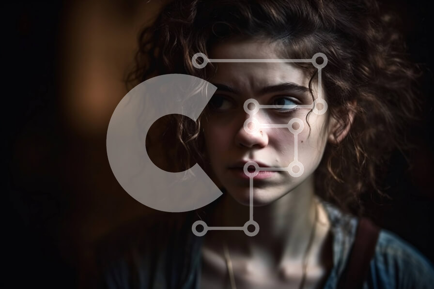 Intra Συλλεκτικό Ξύλινο Παζλ Plywood  4mm - Νεαρή γυναίκα με σγουρά μαλλιά και σοβαρή έκφραση στο θαμπό δωμάτιο Σε Ξύλινο Κουτί - Διαστάσεις Puzzle: 10x10 cm – 25 κομμάτια