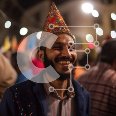 Intra Συλλεκτικό Ξύλινο Παζλ Plywood 4mm - Πολύχρωμο καπέλο για πάρτι που χαμογελά στην πολυσύχναστη οδό τη νύχτα Σε Ξύλινο Κουτί - Διαστάσεις Puzzle: 10x10 cm – 25 κομμάτια - Image 1