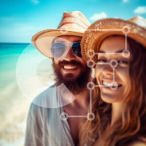 Intra Συλλεκτικό Ξύλινο Παζλ Plywood  4mm - Χαμογελαστό ζευγάρι στην παραλία με γυαλιά ηλίου και καπέλα Σε Ξύλινο Κουτί - Διαστάσεις Puzzle: 10x10 cm – 25 κομμάτια