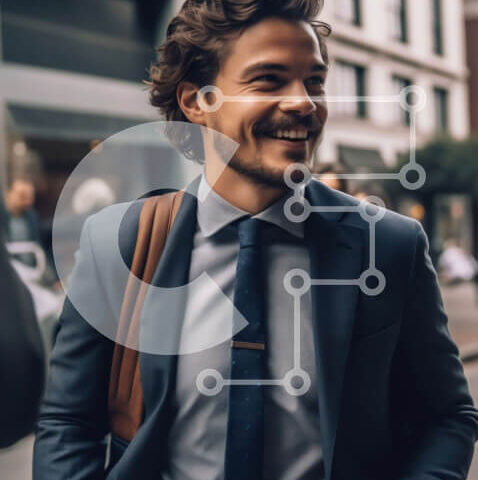 Intra Συλλεκτικό Ξύλινο Παζλ Plywood  4mm - Επαγγελματίας επιχειρηματίας που περπατά στην οδό της πόλης και χαμογελά Σε Ξύλινο Κουτί - Διαστάσεις Puzzle: 10x10 cm – 25 κομμάτια - Image 1