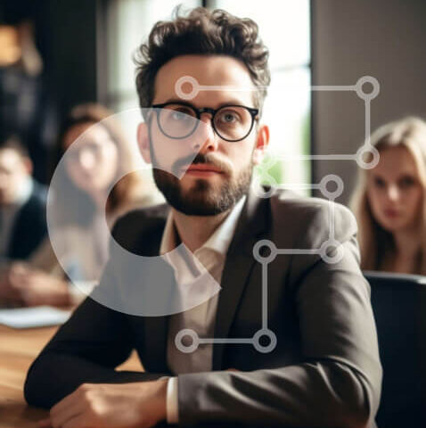 Intra Συλλεκτικό Ξύλινο Παζλ Plywood  4mm - Σοβαρός επιχειρηματίας στο γραφείο με συναδέλφους που εργάζονται στο παρασκήνιο Σε Ξύλινο Κουτί - Διαστάσεις Puzzle: 10x10 cm – 25 κομμάτια - Image 1