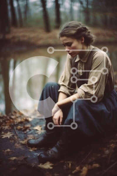 Intra Συλλεκτικό Ξύλινο Παζλ Plywood  4mm - Λυπημένη νεαρή γυναίκα που κάθεται δίπλα σε ένα σώμα νερού με ένα μακρύ φόρεμα και μπότες Σε Ξύλινο Κουτί - Διαστάσεις Puzzle: 10x10 cm – 25 κομμάτια