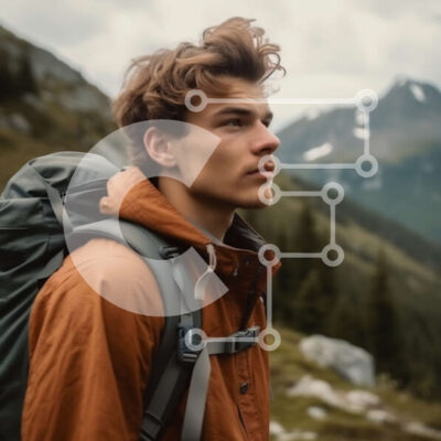 Intra Συλλεκτικό Ξύλινο Παζλ Plywood  4mm - Περιπέτεια πεζοπορίας: Νεαρός άνδρας που στέκεται στο βραχώδες μονοπάτι, απολαμβάνοντας τη θέα στο χιονισμένο βουνό Σε Ξύλινο Κουτί - Διαστάσεις: 10x10 cm – 25 κομμάτια - Image 1