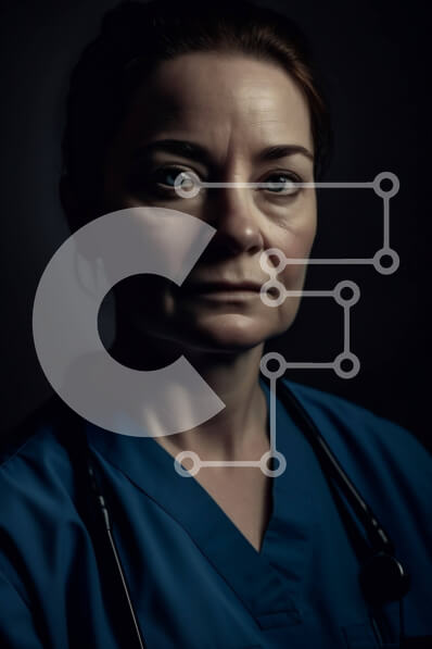 Intra Συλλεκτικό Ξύλινο Παζλ Plywood  4mm - Σοβαρή γυναίκα γιατρός με μπλε στολή απολέπισης με στηθοσκόπιο Σε Ξύλινο Κουτί - Διαστάσεις Puzzle: 10x10 cm – 25 κομμάτια