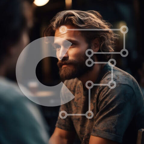 Intra Συλλεκτικό Ξύλινο Παζλ Plywood  4mm - Σοβαρός άνδρας με γένια και μακριά μαλλιά σε γκρι μπλουζάκι κοιτάζοντας το τηλέφωνο Σε Ξύλινο Κουτί - Διαστάσεις Puzzle: 10x10 cm – 25 κομμάτια - Image 1