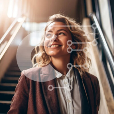 Intra Συλλεκτικό Ξύλινο Παζλ Plywood 4mm - Χαμογελαστή γυναίκα στη σκάλα Σε Ξύλινο Κουτί - Διαστάσεις Puzzle: 10x10 cm – 25 κομμάτια - Image 1