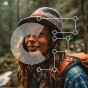 Intra Συλλεκτικό Ξύλινο Παζλ Plywood  4mm - Χαμογελαστή γυναίκα στο δάσος με σακίδιο και καπέλο Σε Ξύλινο Κουτί - Διαστάσεις: 10x10 cm – 25 κομμάτια