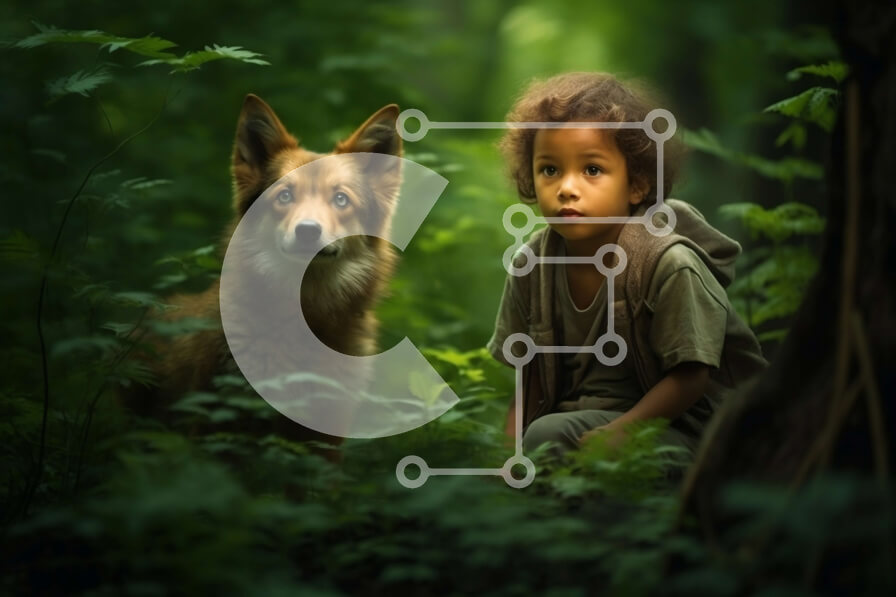 Intra Συλλεκτικό Ξύλινο Παζλ Plywood  4mm - Αξιολάτρευτη εικόνα ενός νεαρού αγοριού που κάθεται στο δάσος με μια αλεπού Σε Ξύλινο Κουτί - Διαστάσεις: 10x10 cm – 25 κομμάτια