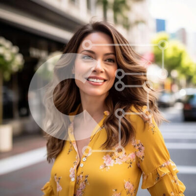 Intra Συλλεκτικό Ξύλινο Παζλ Plywood 4mm - Ευτυχισμένη γυναίκα με κίτρινο λουλουδάτο πουκάμισο στο City Street Σε Ξύλινο Κουτί - Διαστάσεις Puzzle: 10x10 cm – 25 κομμάτια - Image 1