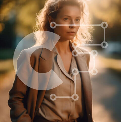 Intra Συλλεκτικό Ξύλινο Παζλ Plywood 4mm - Όμορφη φωτογραφία μιας γυναίκας με μπεζ σακάκι και λευκό πουκάμισο που στέκεται σε ένα πεζοδρόμιο στο ηλιοβασίλεμα Σε Ξύλινο Κουτί - Διαστάσεις Puzzle: 10x10 cm – 25 κομμάτια - Image 1