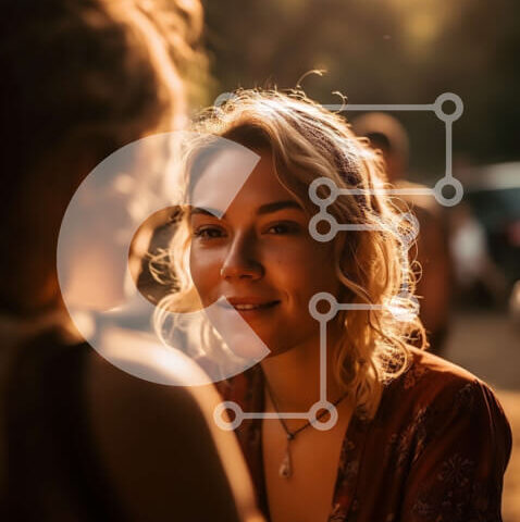 Intra Συλλεκτικό Ξύλινο Παζλ Plywood 4mm - Όμορφη εικόνα δύο φίλων που χαμογελούν σε ένα χωράφι στο ηλιοβασίλεμα Σε Ξύλινο Κουτί - Διαστάσεις Puzzle: 10x10 cm – 25 κομμάτια - Image 1