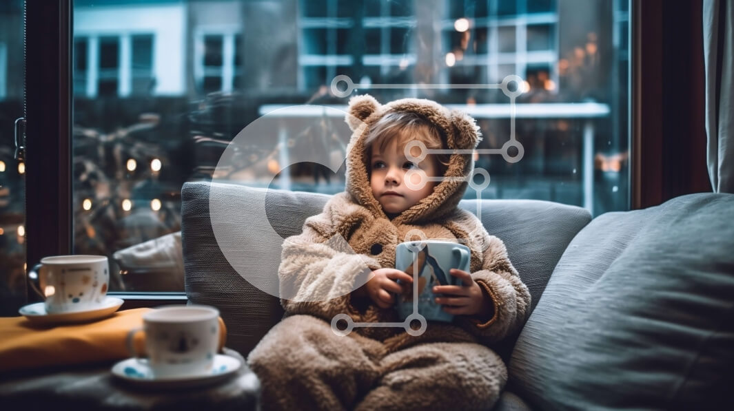 Intra Συλλεκτικό Ξύλινο Παζλ Plywood  4mm - Αξιολάτρευτη φωτογραφία του παιδιού με στολή αρκουδάκι που απολαμβάνει ζεστή σοκολάτα με θέα στο χιόνι Σε Ξύλινο Κουτί - Διαστάσεις Puzzle: 10x10 cm – 25 κομμάτια