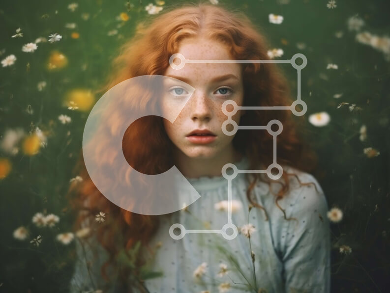 Intra Συλλεκτικό Ξύλινο Παζλ Plywood  4mm - Ονειρικό πορτρέτο μιας νεαρής γυναίκας με κόκκινα μαλλιά και φακίδες σε ένα χωράφι με αγριολούλουδα Σε Ξύλινο Κουτί - Διαστάσεις Puzzle: 10x10 cm – 25 κομμάτια