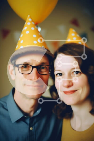 Intra Συλλεκτικό Ξύλινο Παζλ Plywood  4mm - Χαμογελαστό ζευγάρι με καπέλα για πάρτι ενάντια σε κίτρινες και λευκές ρίγες Σε Ξύλινο Κουτί - Διαστάσεις Puzzle: 10x10 cm – 25 κομμάτια