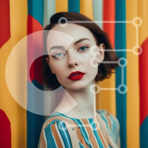 Intra Συλλεκτικό Ξύλινο Παζλ Plywood  4mm - Η κομψή γυναίκα ποζάρει μπροστά από την πολύχρωμη κουρτίνα Σε Ξύλινο Κουτί - Διαστάσεις Puzzle: 10x10 cm – 25 κομμάτια