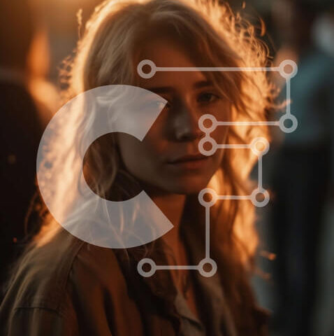 Intra Συλλεκτικό Ξύλινο Παζλ Plywood 4mm - Όμορφη εικόνα μιας νεαρής γυναίκας που στέκεται στην πόλη στο ηλιοβασίλεμα Σε Ξύλινο Κουτί - Διαστάσεις Puzzle: 10x10 cm – 25 κομμάτια - Image 1