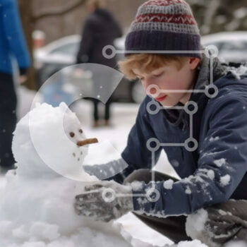 Intra Συλλεκτικό Ξύλινο Παζλ Plywood  4mm - Αξιολάτρευτη εικόνα νεαρού αγοριού και χιονάνθρωπου στο χιόνι Σε Ξύλινο Κουτί - Διαστάσεις Puzzle: 10x10 cm – 25 κομμάτια - Image 1