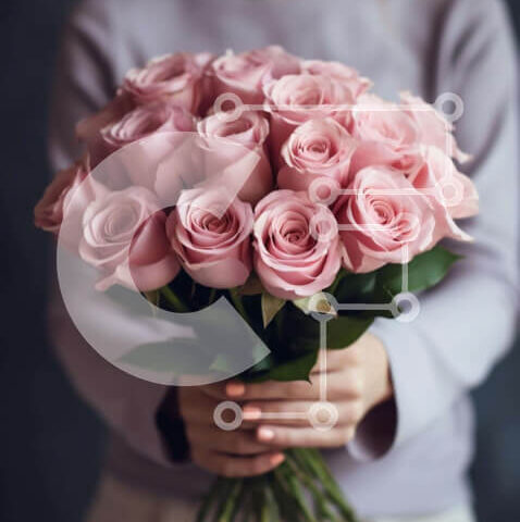 Intra Συλλεκτικό Ξύλινο Παζλ Plywood  4mm - Γυναίκα που κρατά μπουκέτο με ροζ τριαντάφυλλα Σε Ξύλινο Κουτί - Διαστάσεις Puzzle: 10x10 cm – 25 κομμάτια - Image 1