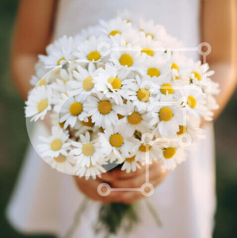 Intra Συλλεκτικό Ξύλινο Παζλ Plywood  4mm - Νεαρό κορίτσι με μπουκέτο από λευκές μαργαρίτες Σε Ξύλινο Κουτί - Διαστάσεις Puzzle: 10x10 cm – 25 κομμάτια - Image 1