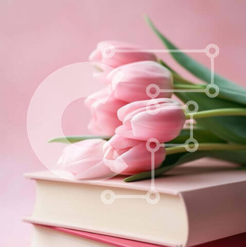 Intra Συλλεκτικό Ξύλινο Παζλ Plywood  4mm - Στοίβα από βιβλία με ροζ τουλίπες Σε Ξύλινο Κουτί - Διαστάσεις Puzzle: 10x10 cm – 25 κομμάτια - Image 1