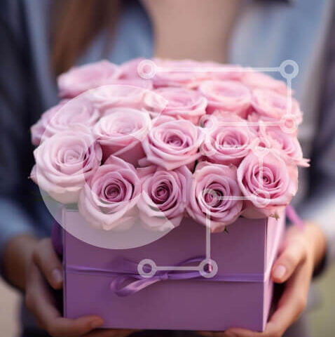 Intra Συλλεκτικό Ξύλινο Παζλ Plywood  4mm - Γυναίκα που κρατά ένα μωβ κουτί λουλουδιών με ροζ τριαντάφυλλα και κορδέλα Σε Ξύλινο Κουτί - Διαστάσεις Puzzle: 10x10 cm – 25 κομμάτια - Image 1