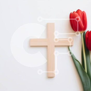 Intra Συλλεκτικό Ξύλινο Παζλ Plywood  4mm - Ξύλινος σταυρός και κόκκινες τουλίπες σε λευκό φόντο Σε Ξύλινο Κουτί - Διαστάσεις Puzzle: 10x10 cm – 25 κομμάτια - Image 1