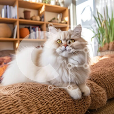 Intra Συλλεκτικό Ξύλινο Παζλ Plywood  4mm - Αξιολάτρευτη εικόνα μιας χνουδωτής γάτας σε έναν καφέ καναπέ με ράφι στο φόντο Σε Ξύλινο Κουτί - Διαστάσεις: 10x10 cm – 25 κομμάτια - Image 1