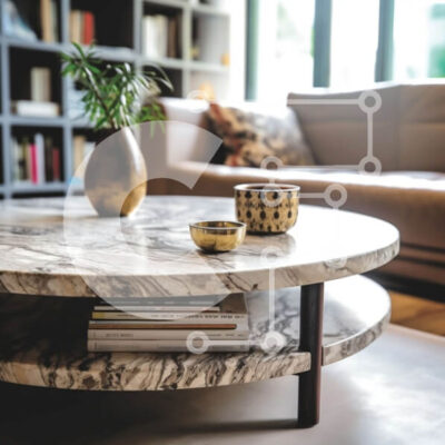 Intra Συλλεκτικό Ξύλινο Παζλ Plywood  4mm - Κομψό εσωτερικό του σπιτιού με μαρμάρινο τραπεζάκι σαλονιού, φυτό σε γλάστρα και ράφι Σε Ξύλινο Κουτί - Διαστάσεις Puzzle: 10x10 cm – 25 κομμάτια - Image 1