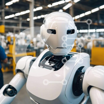 Intra Συλλεκτικό Ξύλινο Παζλ Plywood  4mm - Λευκό ρομπότ σε ένα βιομηχανικό εργοστάσιο με ανθρώπους Σε Ξύλινο Κουτί - Διαστάσεις Puzzle: 10x10 cm – 25 κομμάτια - Image 1