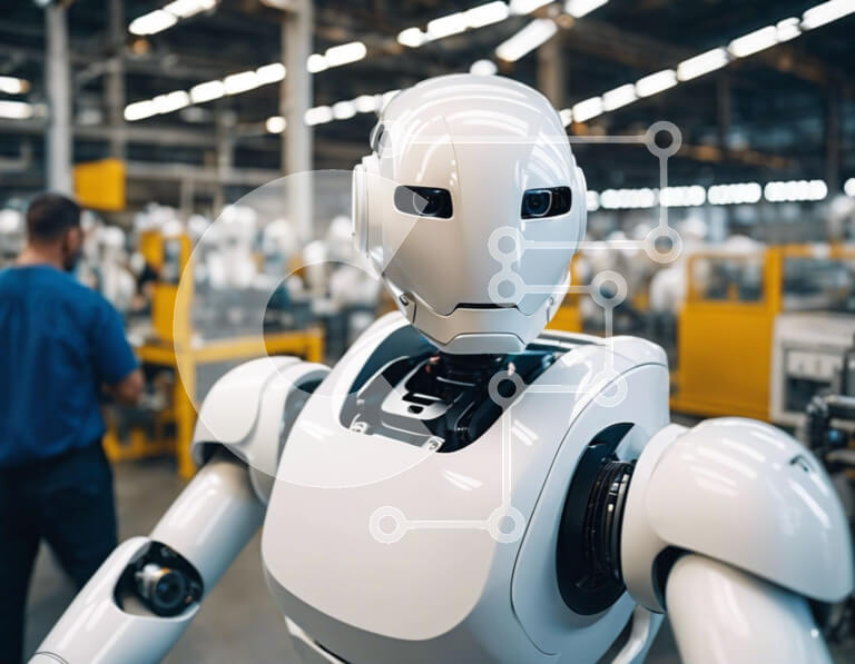 Intra Συλλεκτικό Ξύλινο Παζλ Plywood  4mm - Λευκό ρομπότ σε ένα βιομηχανικό εργοστάσιο με ανθρώπους Σε Ξύλινο Κουτί - Διαστάσεις Puzzle: 10x10 cm – 25 κομμάτια