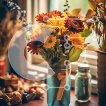 Intra Συλλεκτικό Ξύλινο Παζλ Plywood  4mm - Όμορφη σύνθεση αποξηραμένων λουλουδιών στο γραφείο με θέα στον ορίζοντα της πόλης Σε Ξύλινο Κουτί - Διαστάσεις Puzzle: 10x10 cm – 25 κομμάτια - Image 1