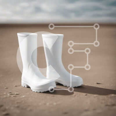 Intra Συλλεκτικό Ξύλινο Παζλ Plywood  4mm - Ζευγάρι λευκές λαστιχένιες μπότες στην αμμώδη παραλία Σε Ξύλινο Κουτί - Διαστάσεις: 10x10 cm – 25 κομμάτια - Image 1