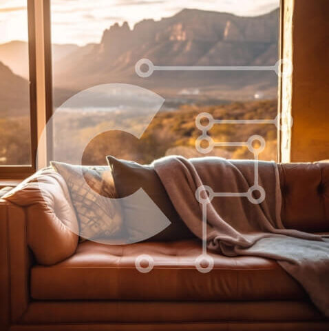 Intra Συλλεκτικό Ξύλινο Παζλ Plywood  4mm - Άνετος καφές δερμάτινος καναπές με θέα σε μια οροσειρά Σε Ξύλινο Κουτί - Διαστάσεις Puzzle: 10x10 cm – 25 κομμάτια - Image 1